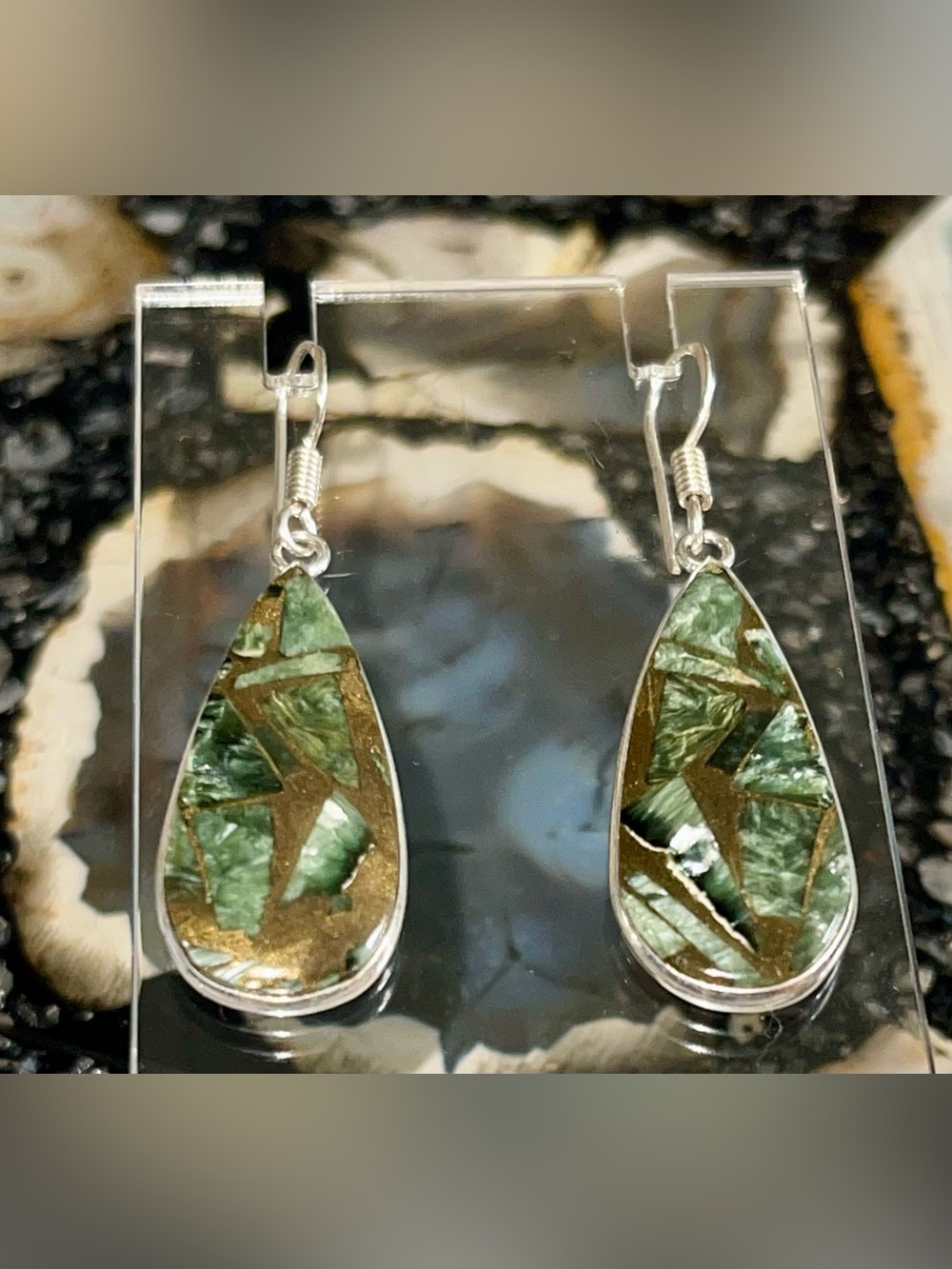Brecciated Silver Sheen Seraphinite in Copper Earrings 1 7/8”